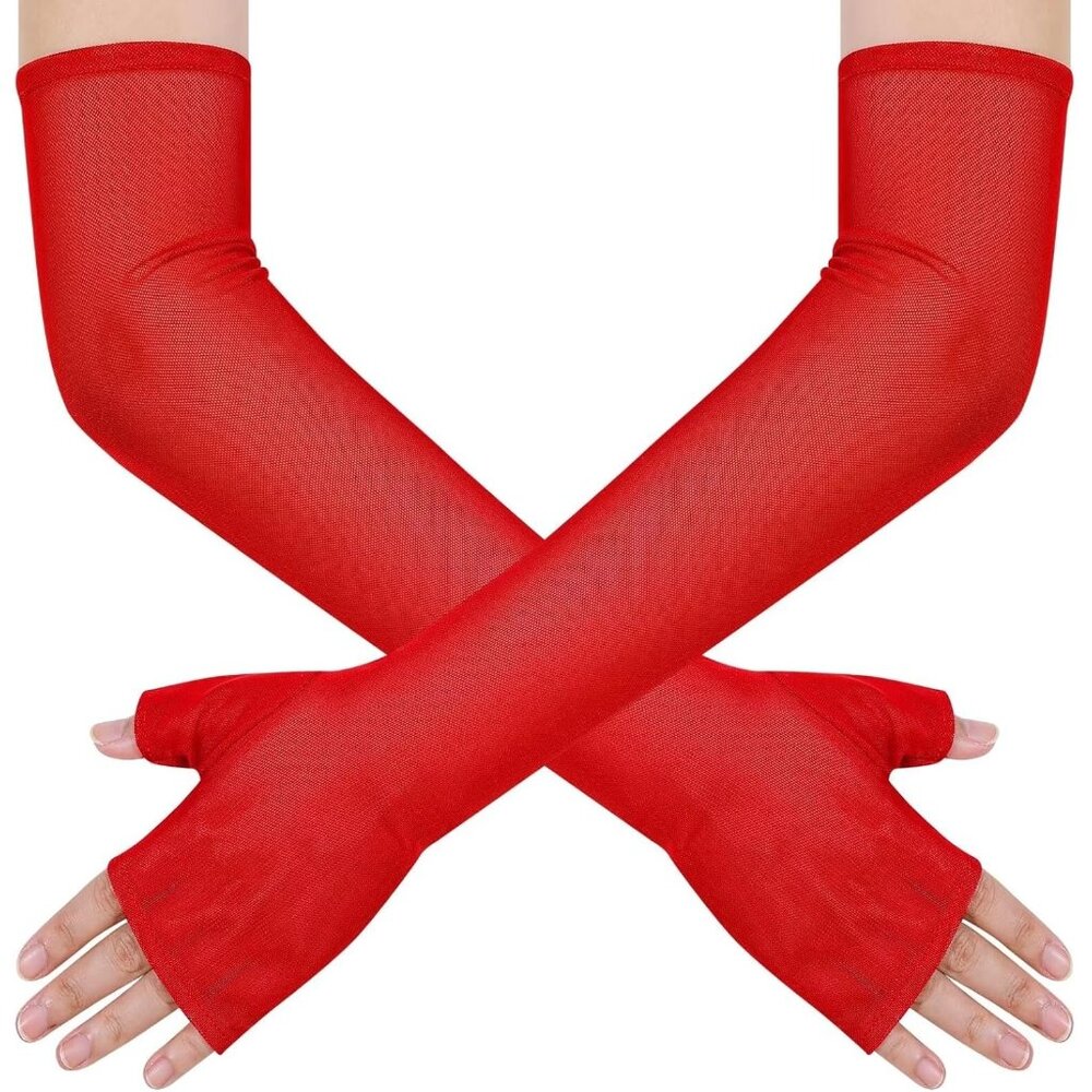 Women's Long Red Tulle Sheer Satin Gloves Elbow Length Wedding Party Costume